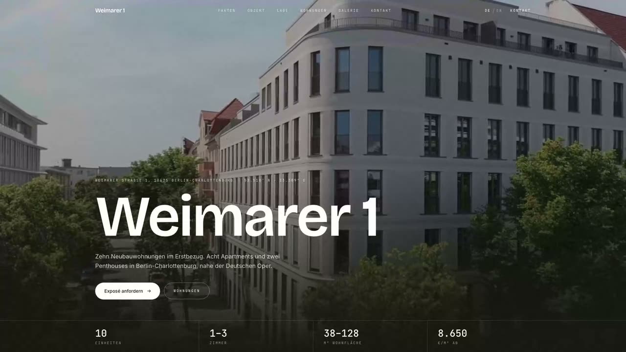 Startseite weimarer1.de mit dem Objektfilm im Hero